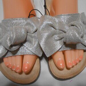 NEW MISS WANG SILVER GLITTER SLIPON SHOES SIZE L 11 CLOTH COWHIDE SLIDES BOW 👩
